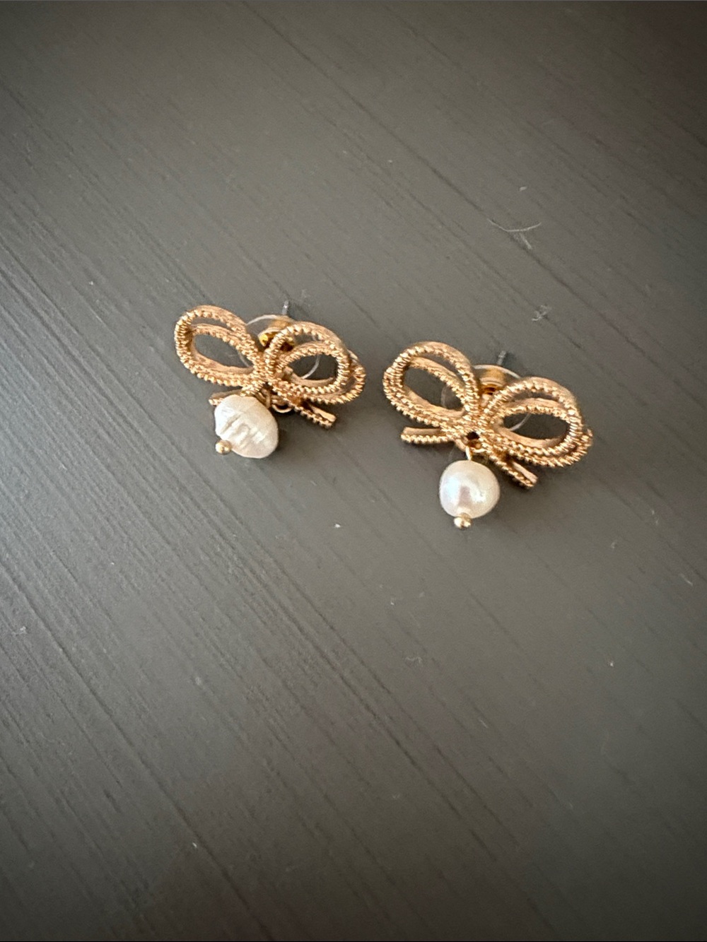 Gold Bow Pearl Drop Stud Earrings - Women Jewelry